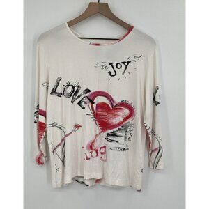 Chicos Heart Love Hugs Joy Tee Shirt Top Women 2 (Large) White Red 3/4 Sleeve